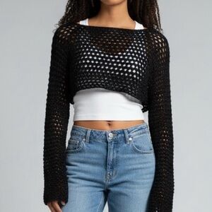 Black crocheted Open-Knit Cropped Sweater